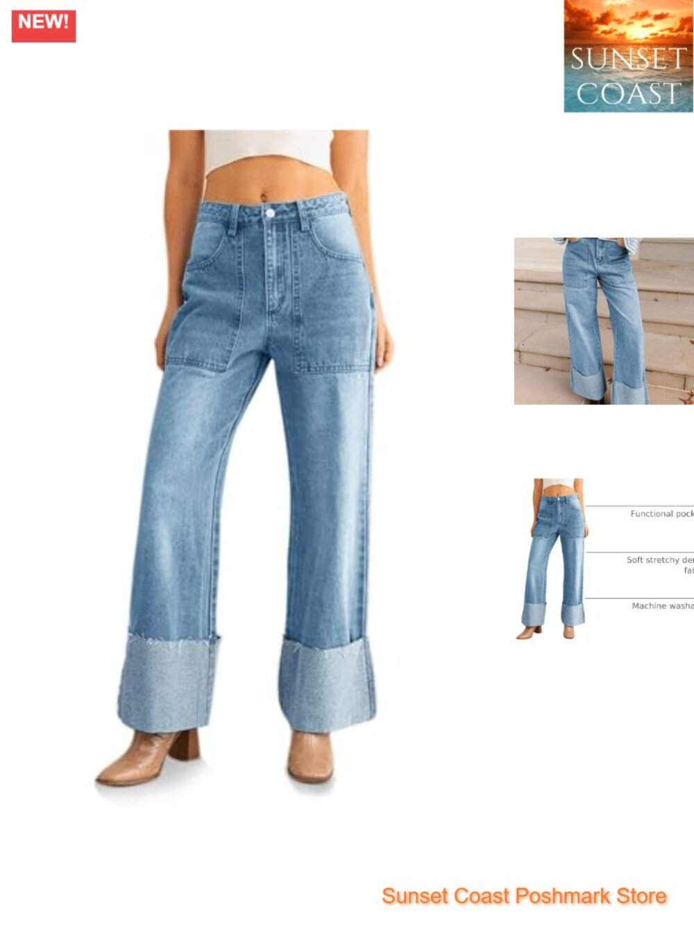 Baggy Cuffed Boyfriend Jeans Straight Leg Wide Denim Pants Pockets